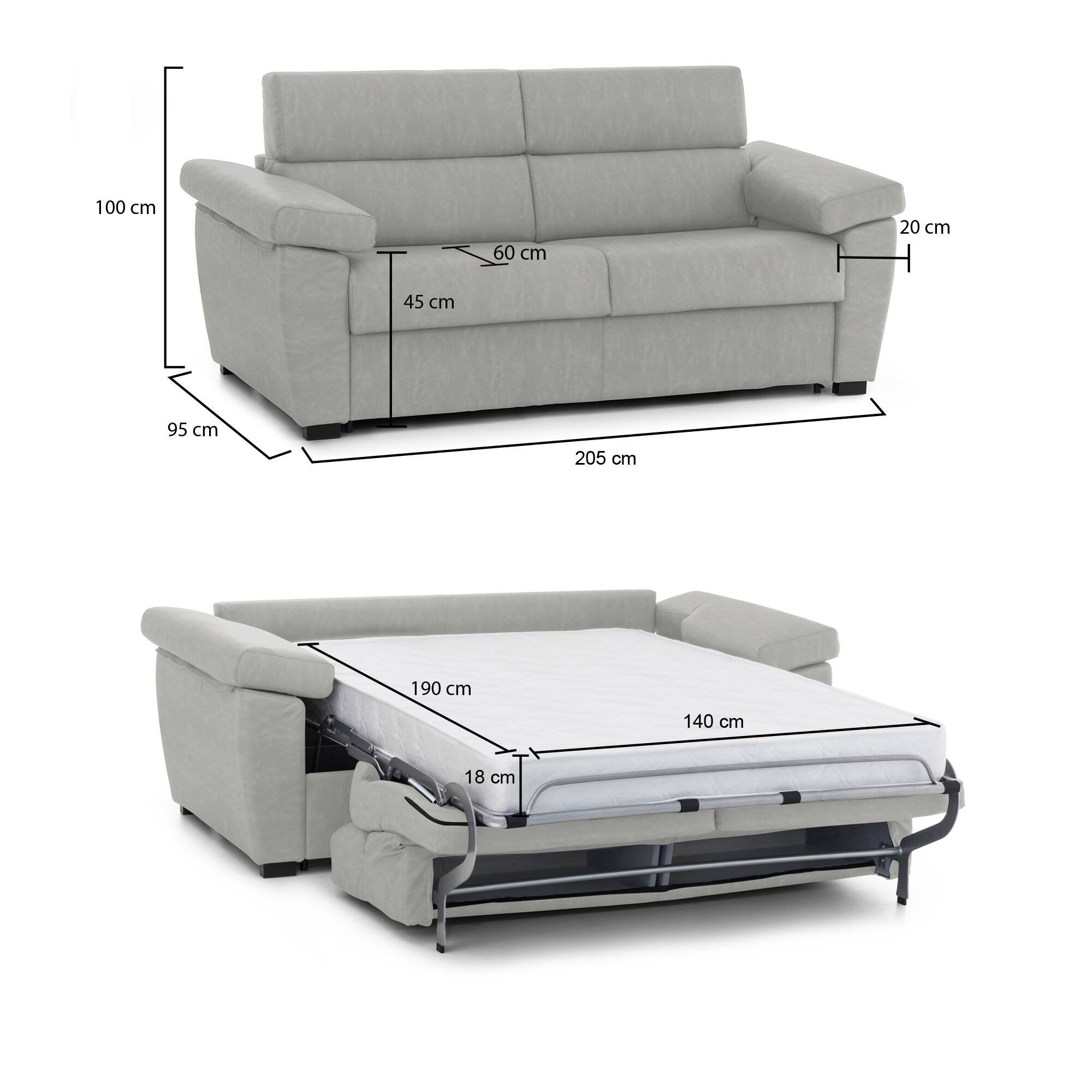 Divano letto 2 posti Contrada, Sofà trasformabile per salotto, imbottito, sfoderabile, Qualità 100% Made in Italy, 205x95 h100 cm, Grigio chiaro