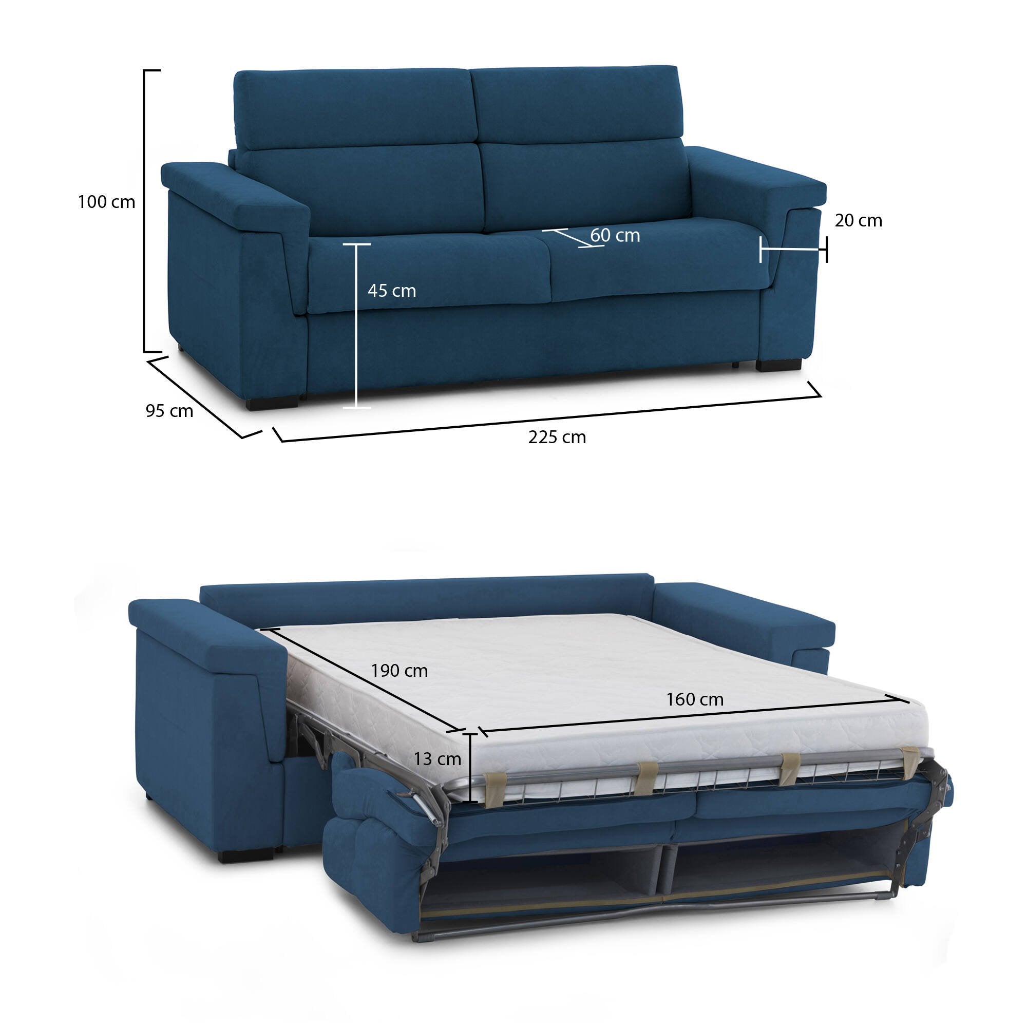 Divano letto 3 posti Nus, Sofà trasformabile per salotto, imbottito, sfoderabile, Qualità 100% Made in Italy, 225x95 h100 cm, Blu