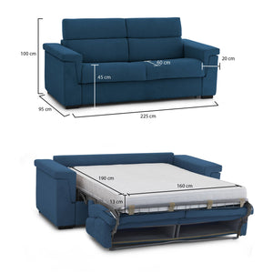 Divano letto 3 posti Nus, Sofà trasformabile per salotto, imbottito, sfoderabile, Qualità 100% Made in Italy, 225x95 h100 cm, Blu