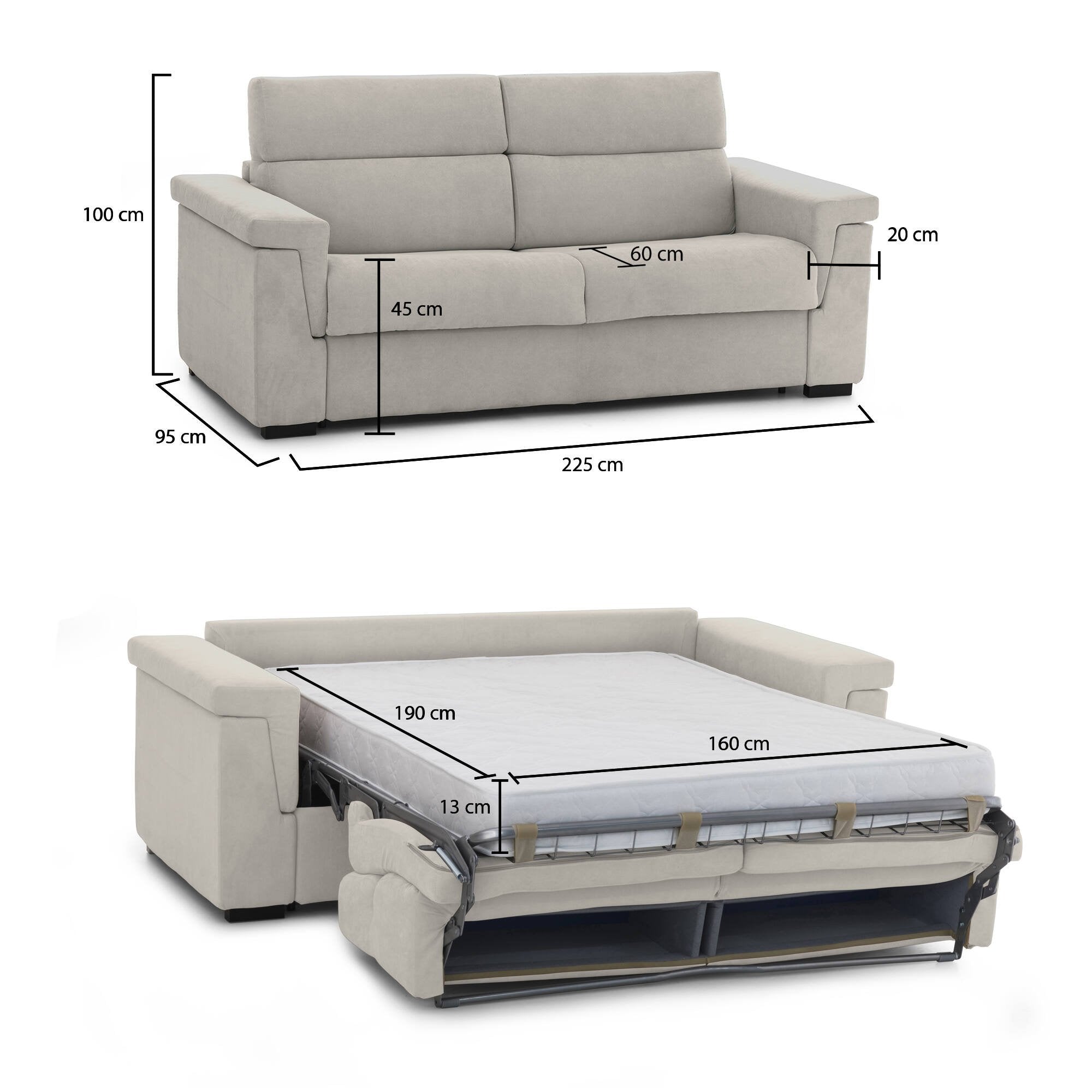 Divano letto 3 posti Nus, Sofà trasformabile per salotto, imbottito, sfoderabile, Qualità 100% Made in Italy, 225x95 h100 cm, Beige