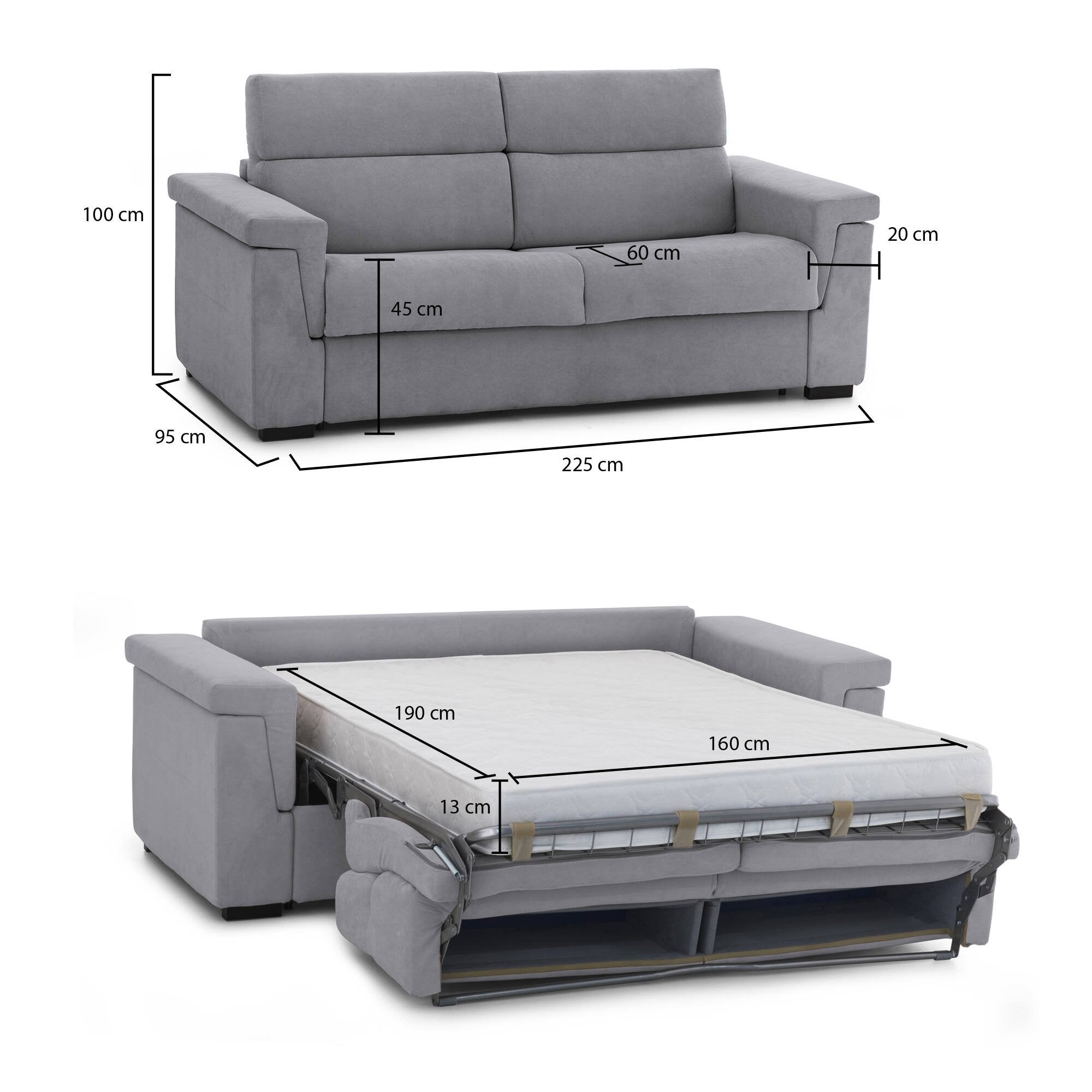 Divano letto 3 posti Nus, Sofà trasformabile per salotto, imbottito, sfoderabile, Qualità 100% Made in Italy, 225x95 h100 cm, Grigio