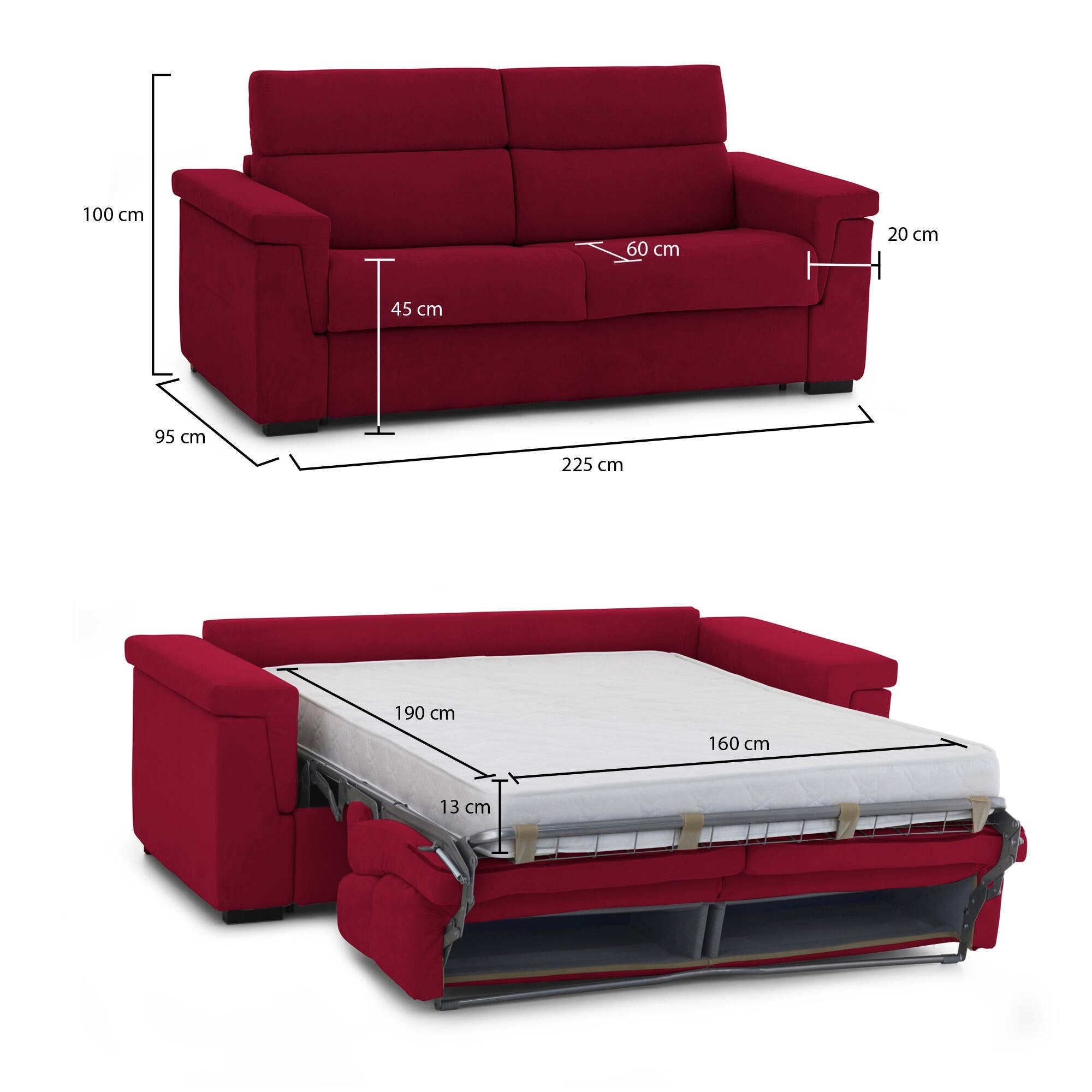 Divano letto 3 posti Nus, Sofà trasformabile per salotto, imbottito, sfoderabile, Qualità 100% Made in Italy, 225x95 h100 cm, Rosso