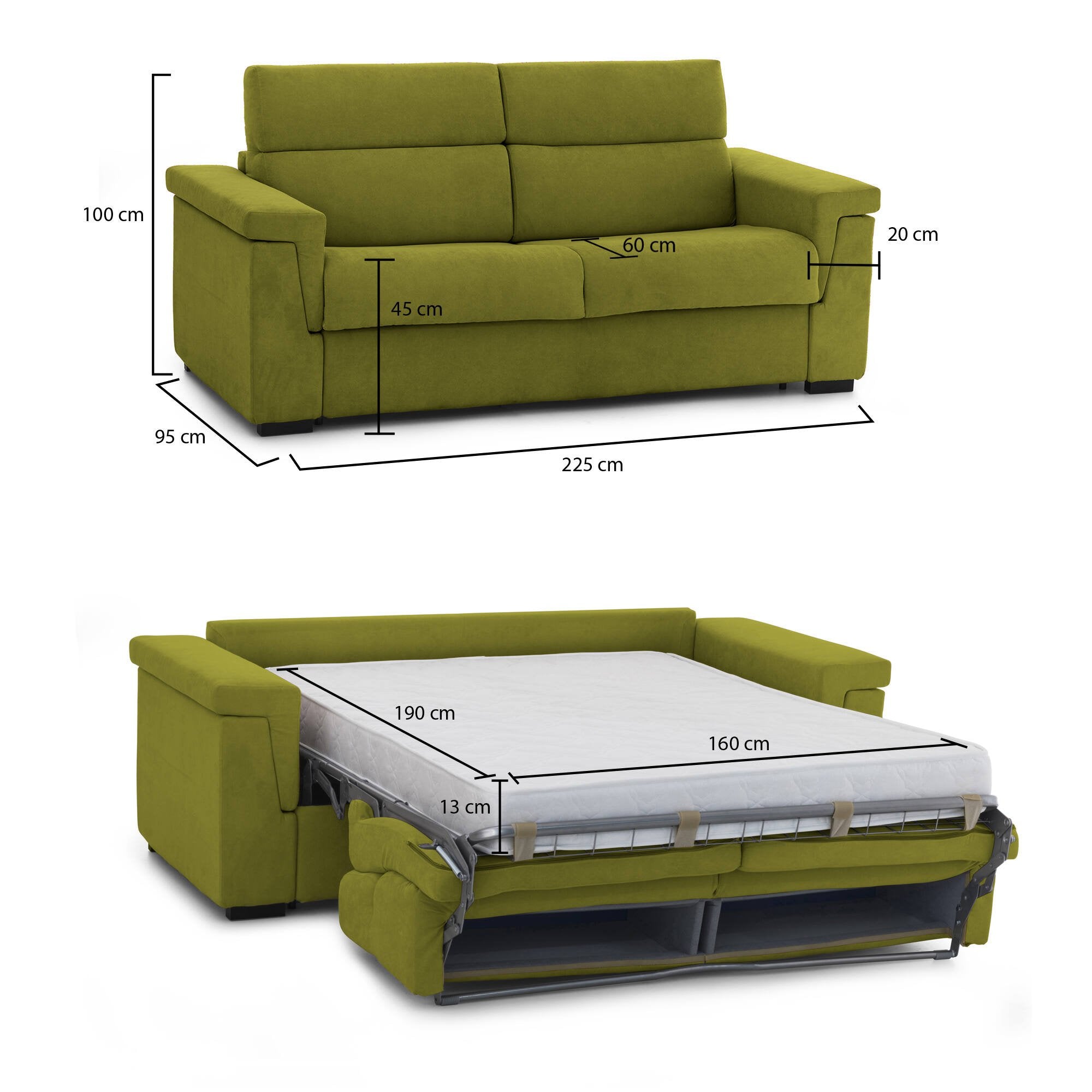 Divano letto 3 posti Nus, Sofà trasformabile per salotto, imbottito, sfoderabile, Qualità 100% Made in Italy, 225x95 h100 cm, Verde