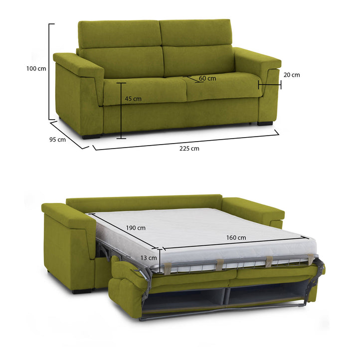 Divano letto 3 posti Nus, Sofà trasformabile per salotto, imbottito, sfoderabile, Qualità 100% Made in Italy, 225x95 h100 cm, Verde