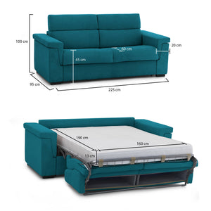 Divano letto 3 posti Nus, Sofà trasformabile per salotto, imbottito, sfoderabile, Qualità 100% Made in Italy, 225x95 h100 cm, Azzurro