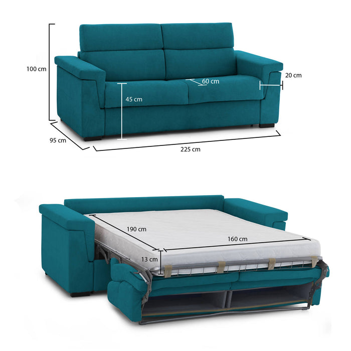 Divano letto 3 posti Nus, Sofà trasformabile per salotto, imbottito, sfoderabile, Qualità 100% Made in Italy, 225x95 h100 cm, Azzurro