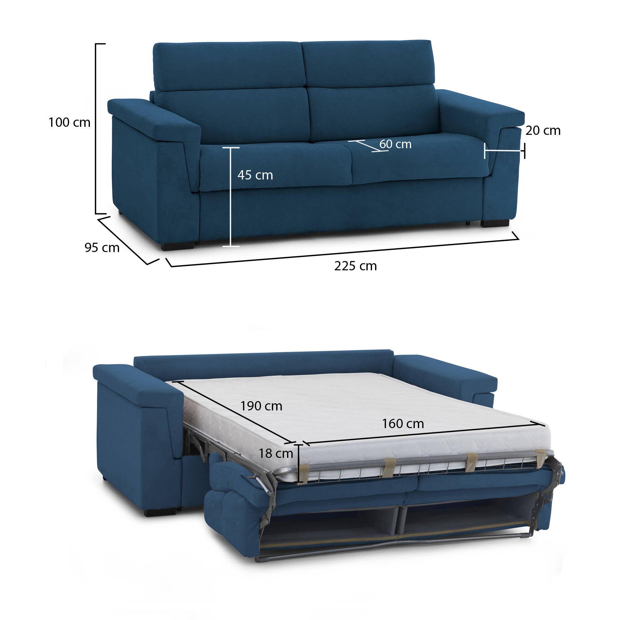 Divano letto 3 posti Benedetto, Sofà trasformabile per salotto, imbottito, sfoderabile, Qualità 100% Made in Italy, 225x95 h100 cm, Blu