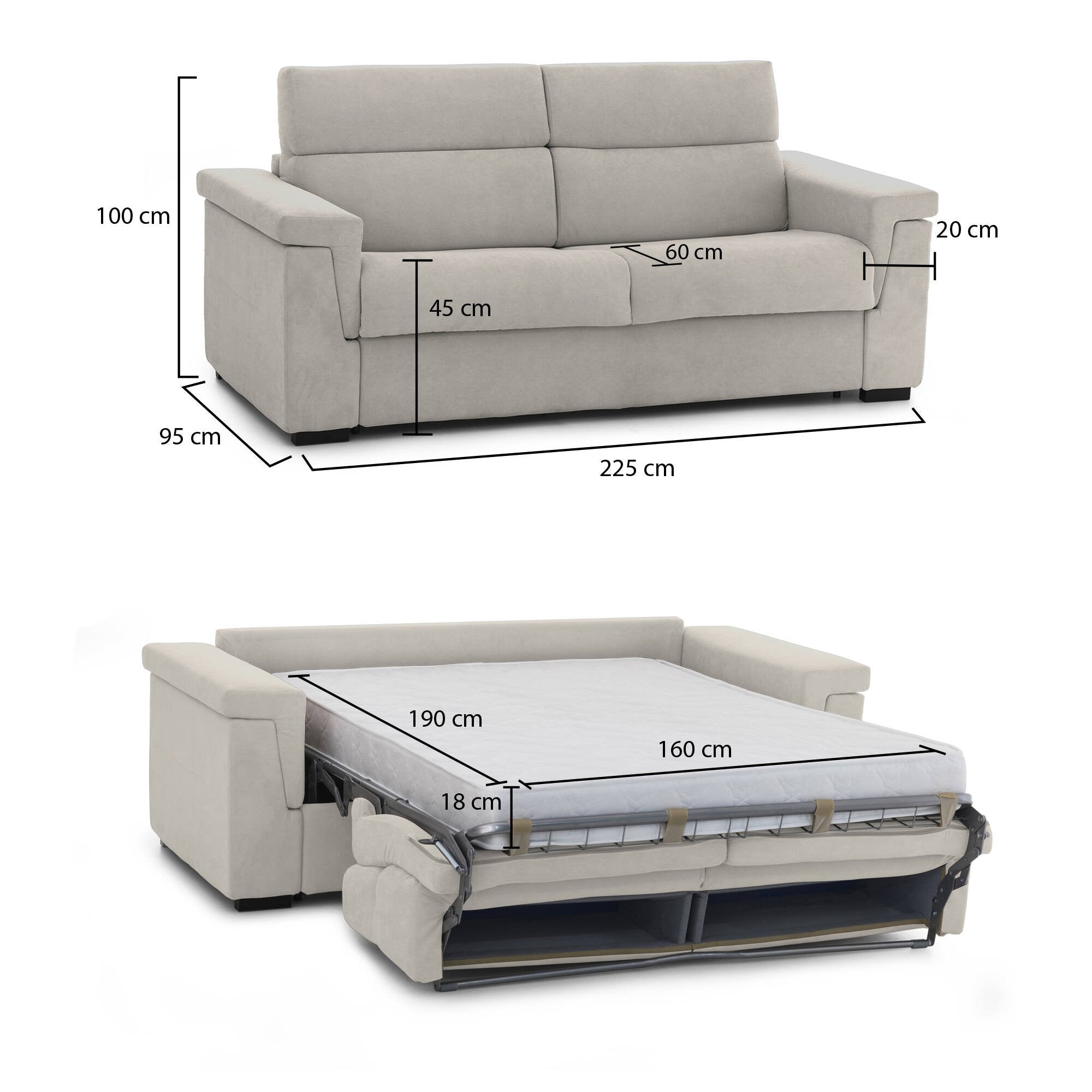 Divano letto 3 posti Benedetto, Sofà trasformabile per salotto, imbottito, sfoderabile, Qualità 100% Made in Italy, 225x95 h100 cm, Beige