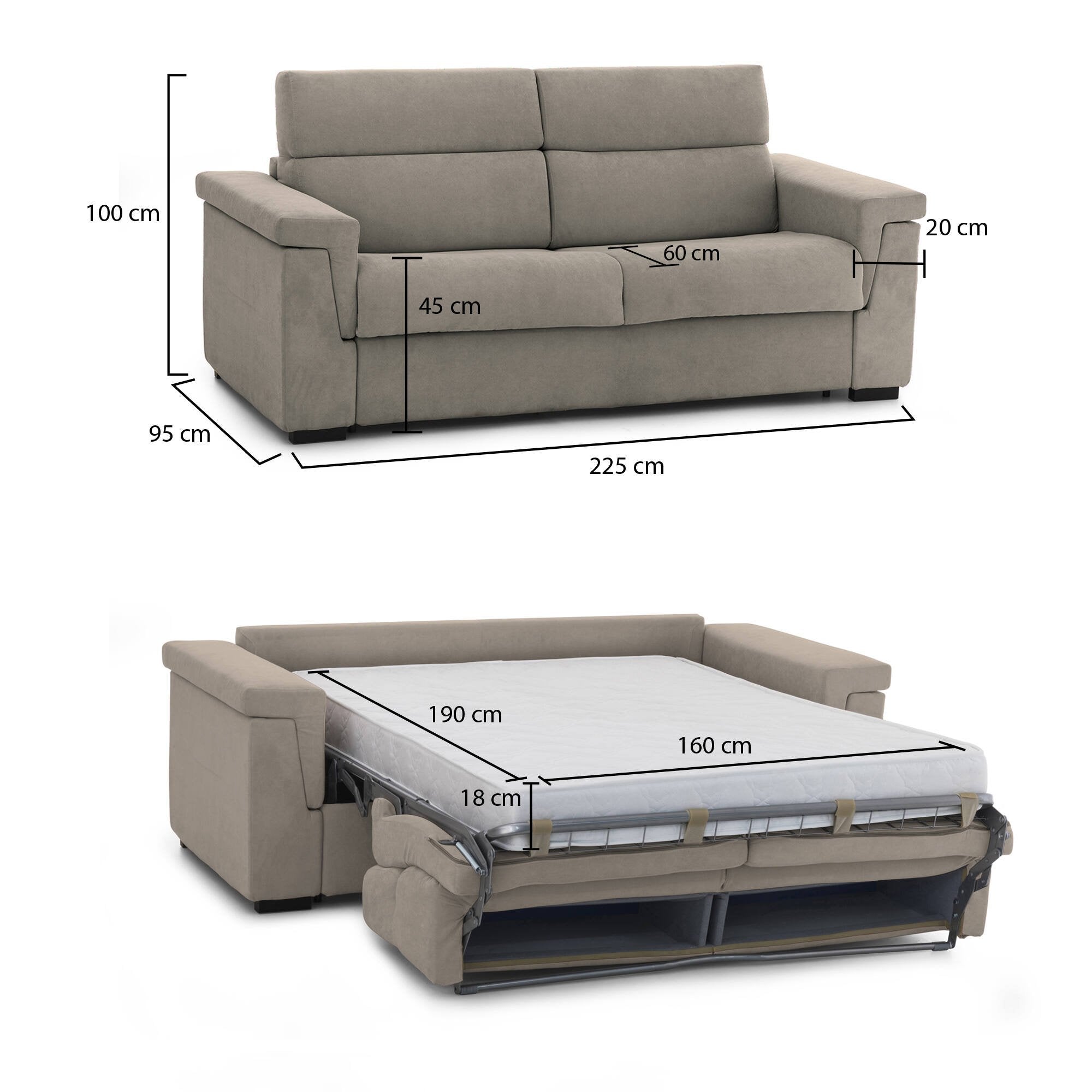 Divano letto 3 posti Benedetto, Sofà trasformabile per salotto, imbottito, sfoderabile, Qualità 100% Made in Italy, 225x95 h100 cm, Tortora