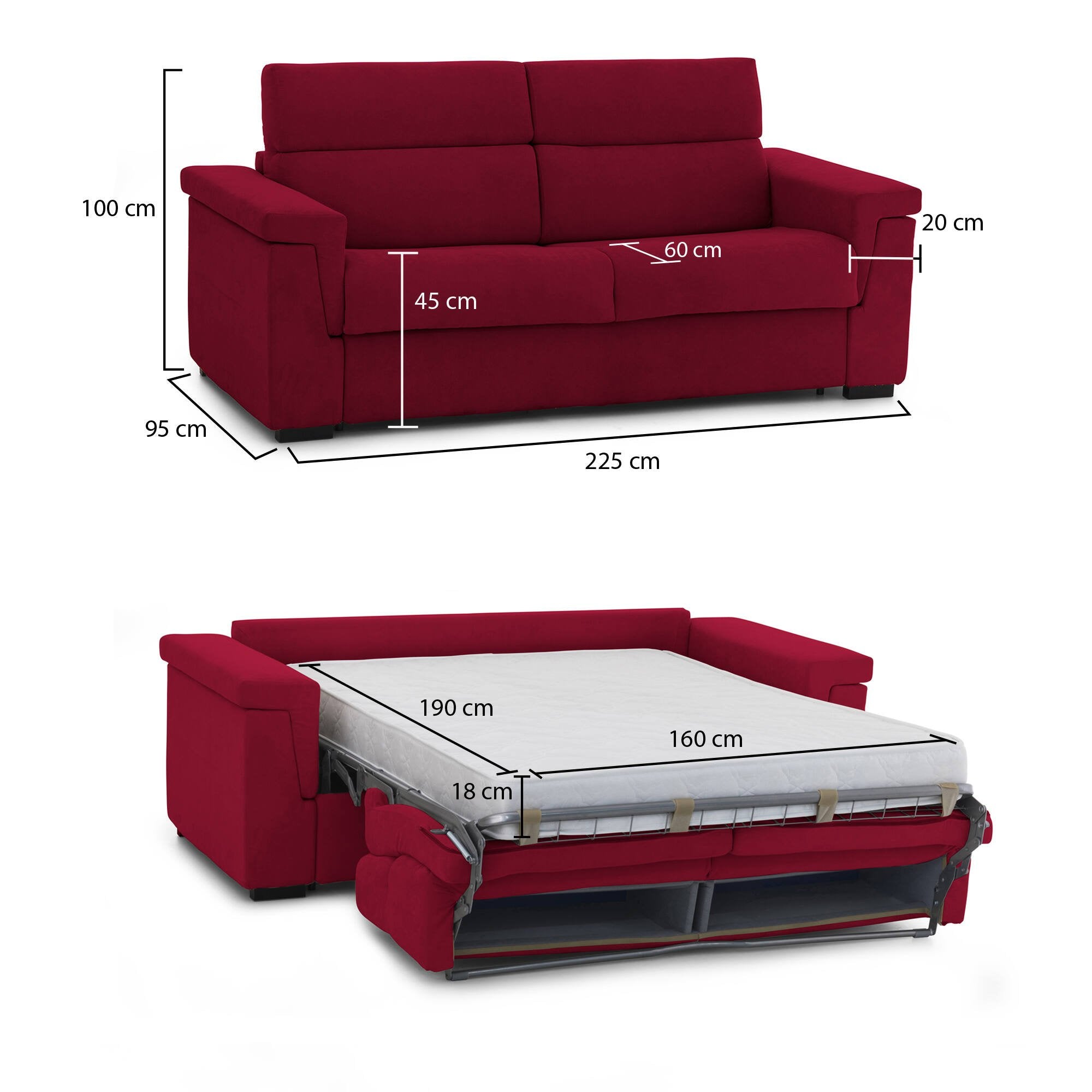 Divano letto 3 posti Benedetto, Sofà trasformabile per salotto, imbottito, sfoderabile, Qualità 100% Made in Italy, 225x95 h100 cm, Rosso