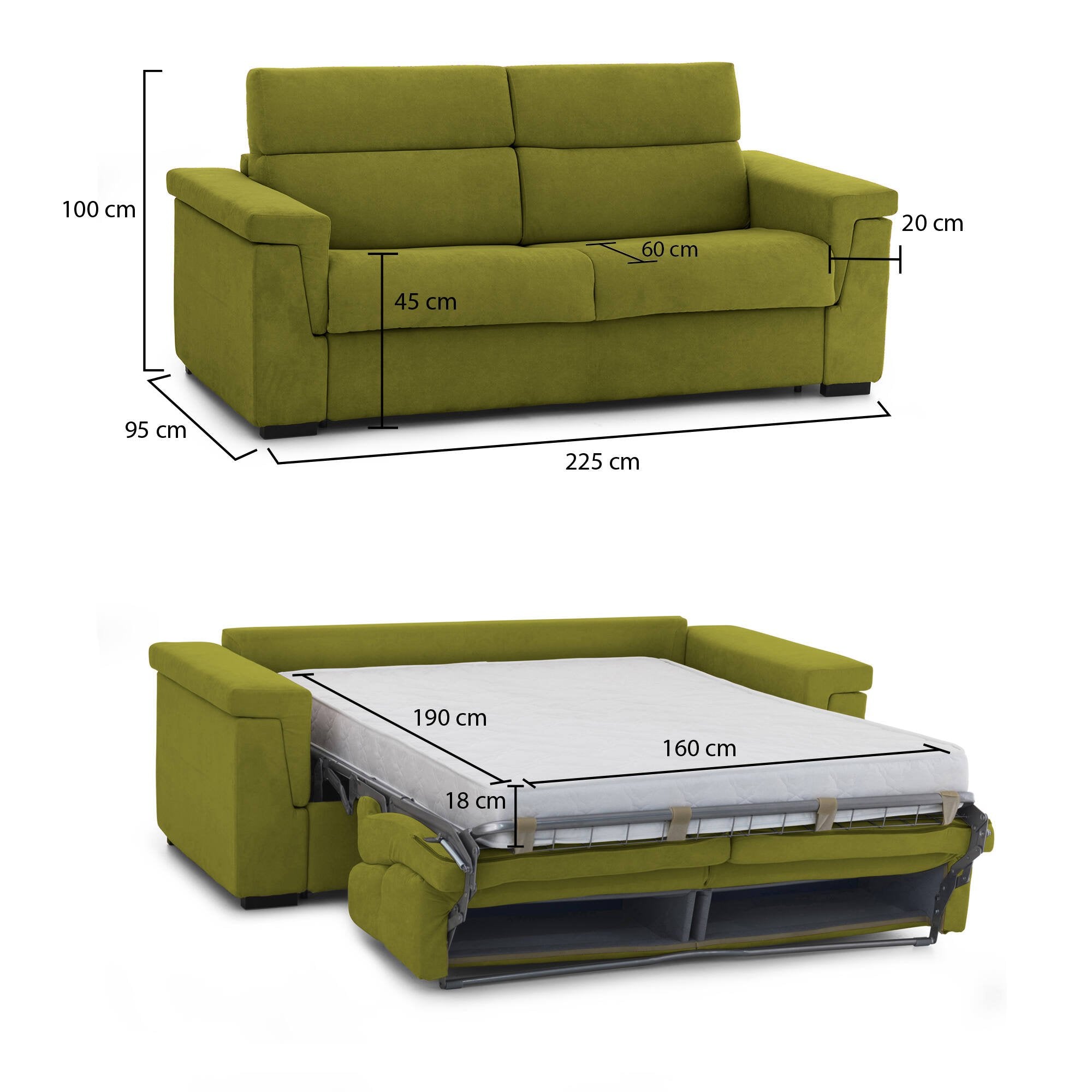 Divano letto 3 posti Benedetto, Sofà trasformabile per salotto, imbottito, sfoderabile, Qualità 100% Made in Italy, 225x95 h100 cm, Verde