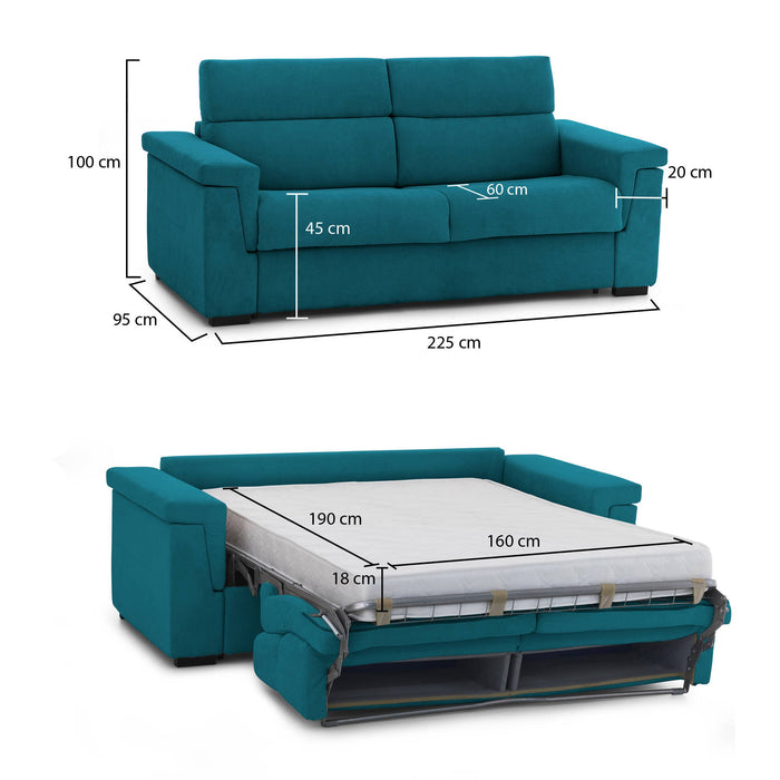 Divano letto 3 posti Benedetto, Sofà trasformabile per salotto, imbottito, sfoderabile, Qualità 100% Made in Italy, 225x95 h100 cm, Azzurro