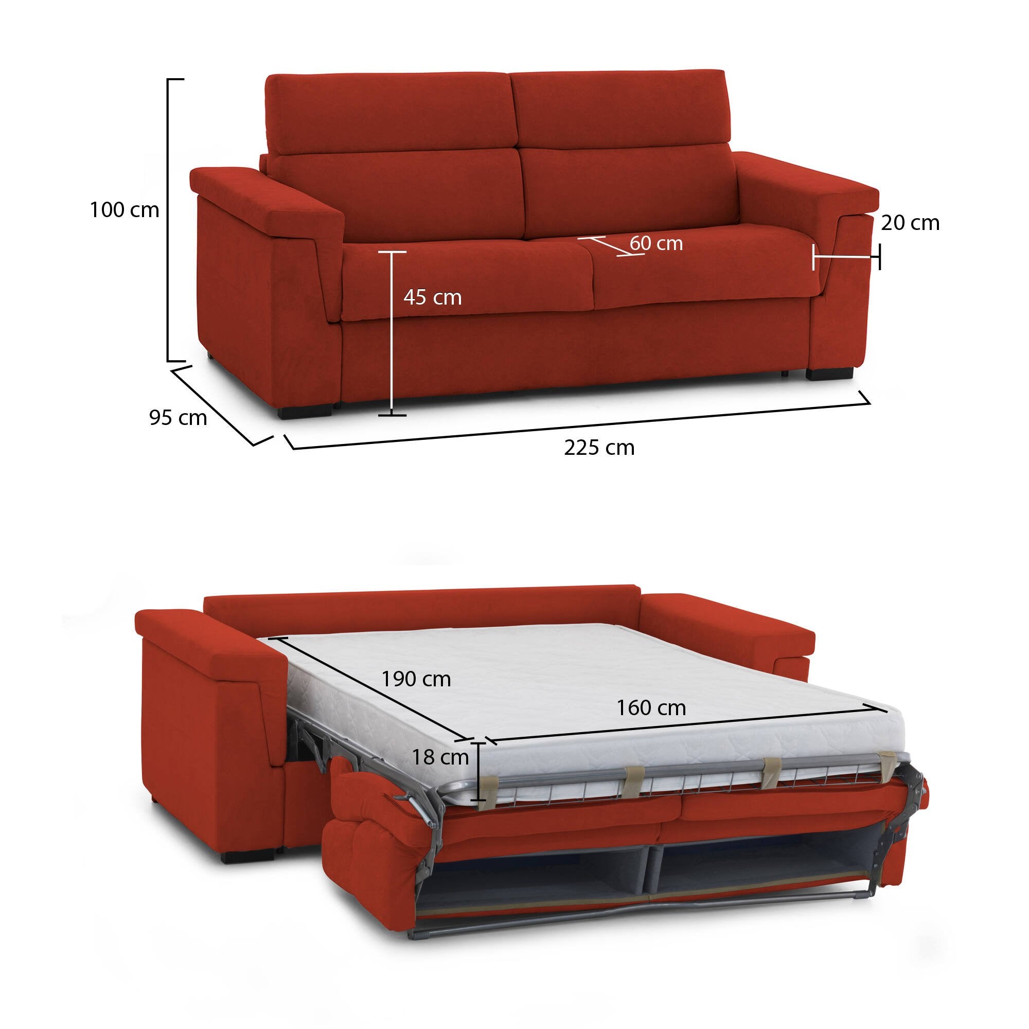 Divano letto 3 posti Benedetto, Sofà trasformabile per salotto, imbottito, sfoderabile, Qualità 100% Made in Italy, 225x95 h100 cm, Arancione