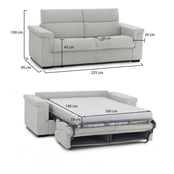 Divano letto 3 posti Benedetto, Sofà trasformabile per salotto, imbottito, sfoderabile, Qualità 100% Made in Italy, 225x95 h100 cm, Grigio chiaro