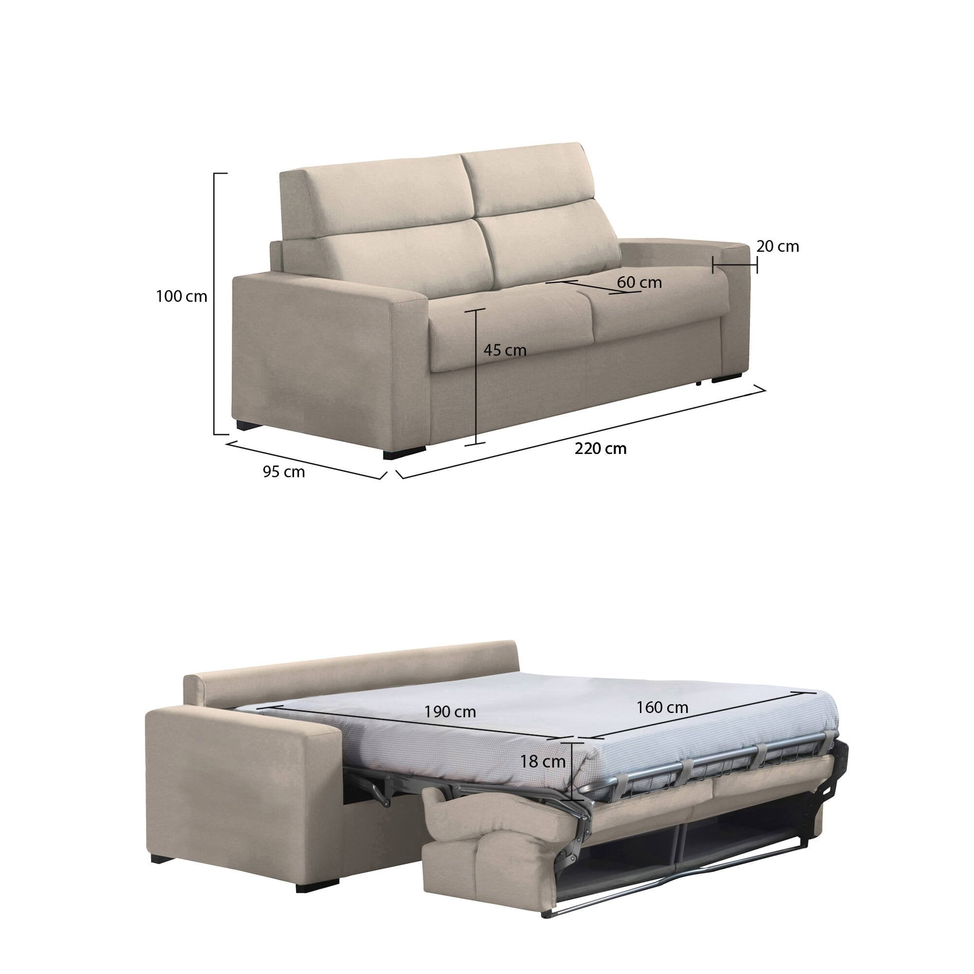 Divano letto 3 posti Quindici, Sofà trasformabile per salotto, imbottito, sfoderabile, Qualità 100% Made in Italy, 220x95 h100 cm, Tortora