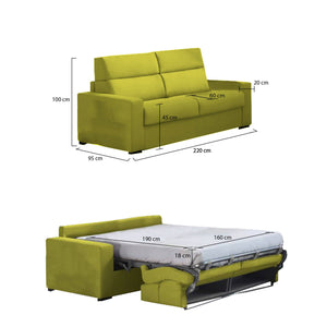 Divano letto 3 posti Quindici, Sofà trasformabile per salotto, imbottito, sfoderabile, Qualità 100% Made in Italy, 220x95 h100 cm, Verde