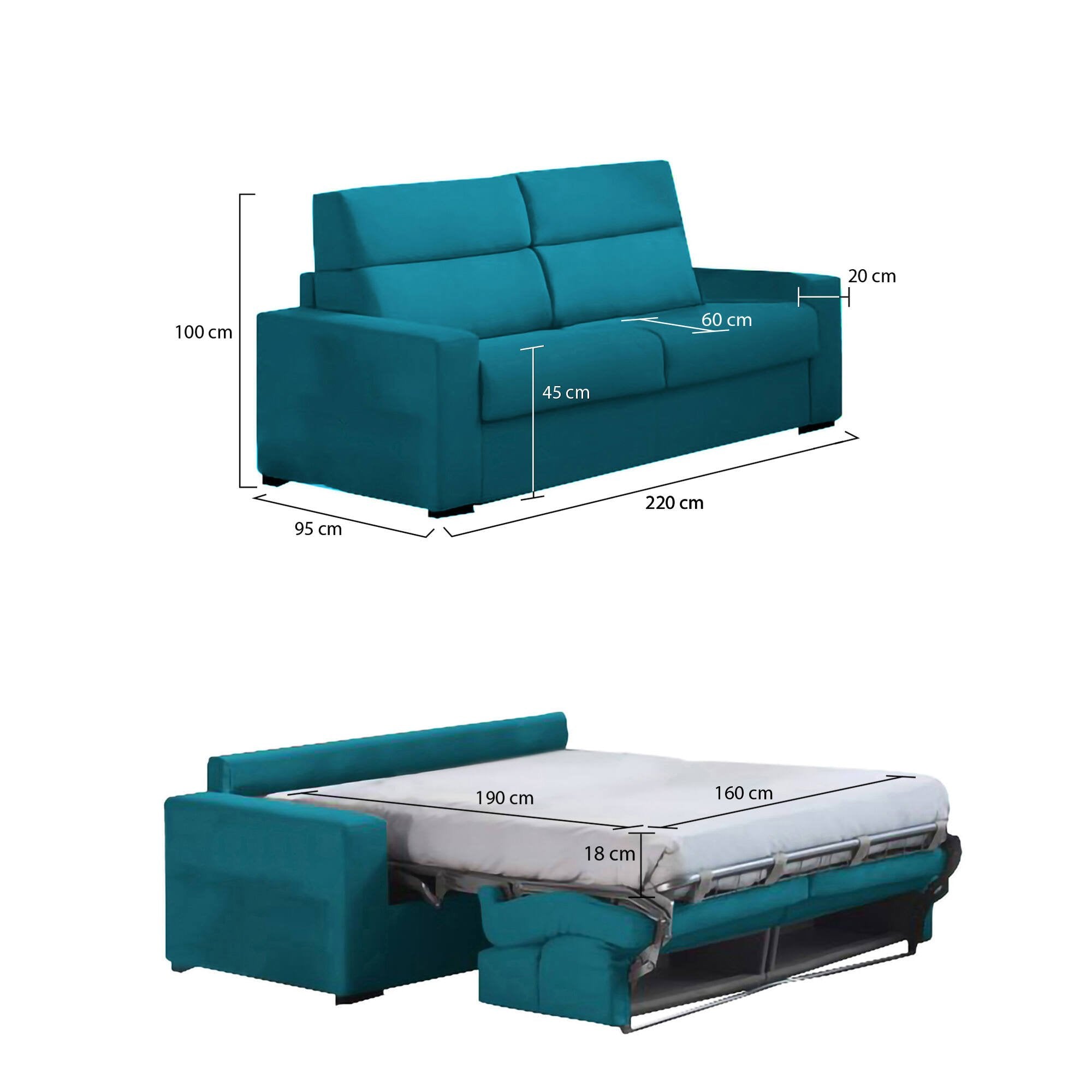 Divano letto 3 posti Quindici, Sofà trasformabile per salotto, imbottito, sfoderabile, Qualità 100% Made in Italy, 220x95 h100 cm, Azzurro