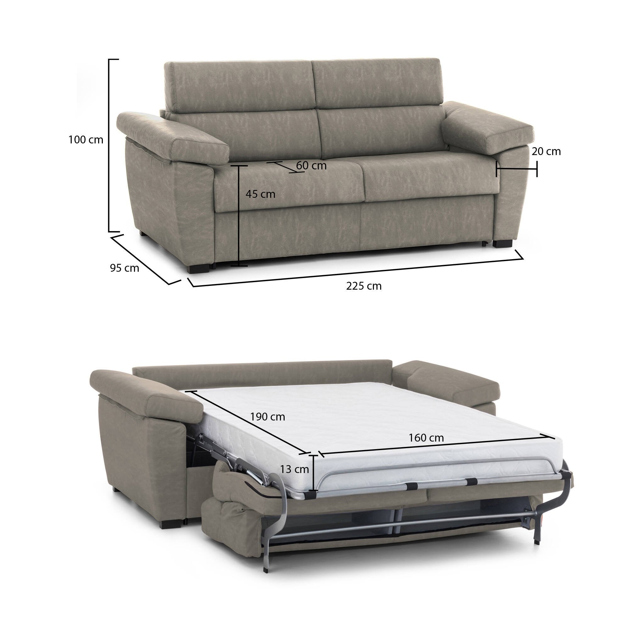 Divano letto 3 posti Trino, Sofà trasformabile per salotto, imbottito, sfoderabile, Qualità 100% Made in Italy, 225x95 h100 cm, Tortora