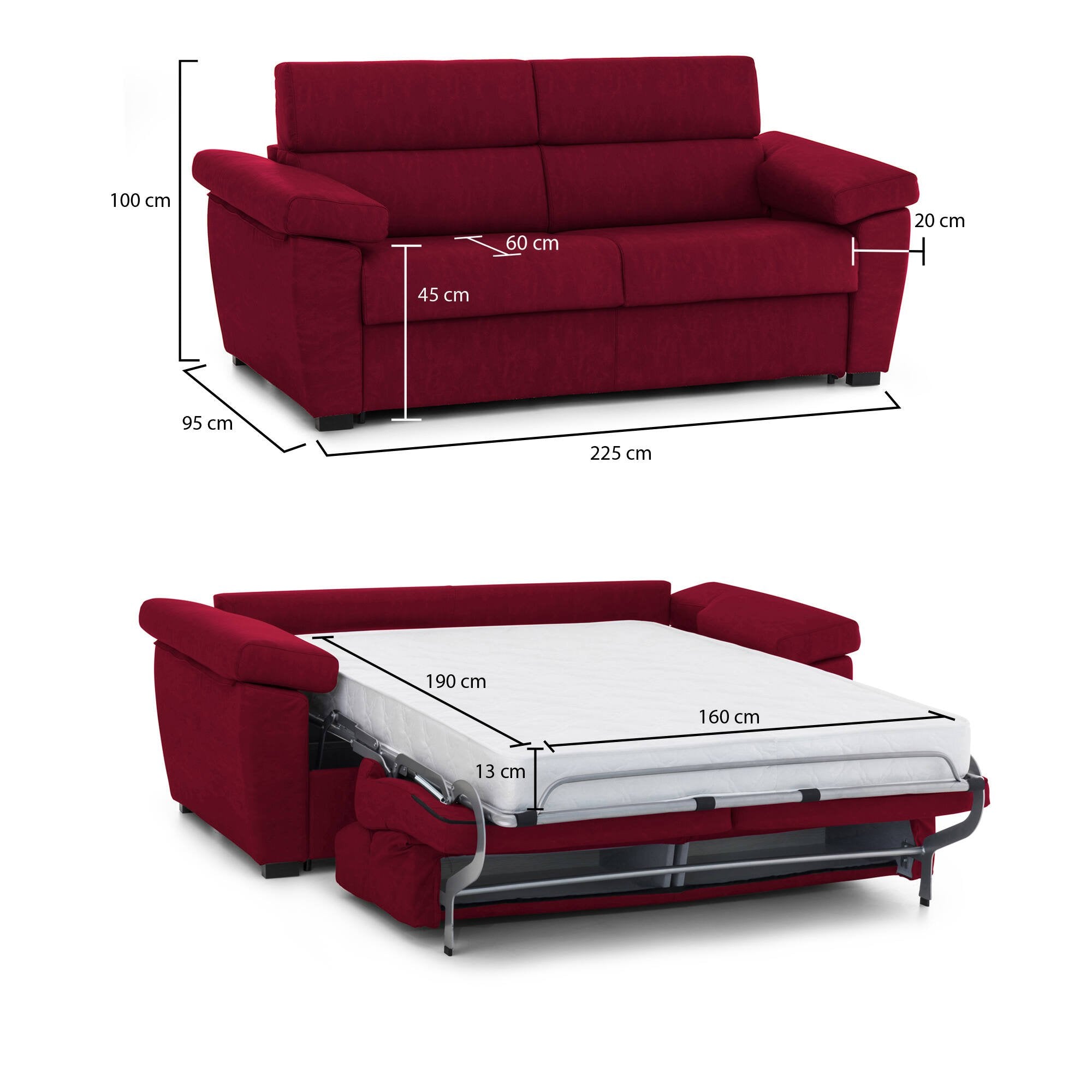 Divano letto 3 posti Trino, Sofà trasformabile per salotto, imbottito, sfoderabile, Qualità 100% Made in Italy, 225x95 h100 cm, Rosso