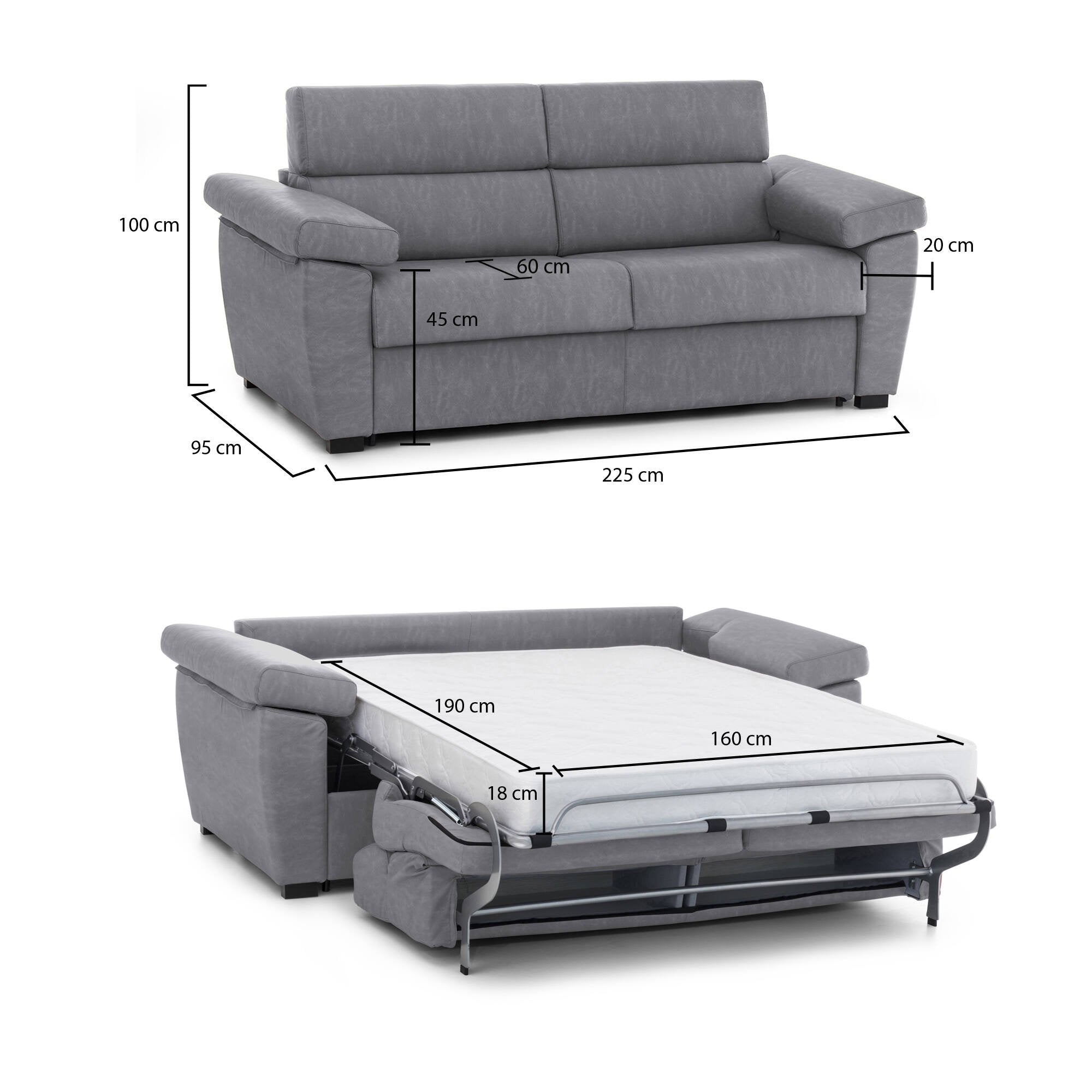 Divano letto 3 posti Paceco, Sofà trasformabile per salotto, imbottito, sfoderabile, Qualità 100% Made in Italy, 225x95 h100 cm, Grigio