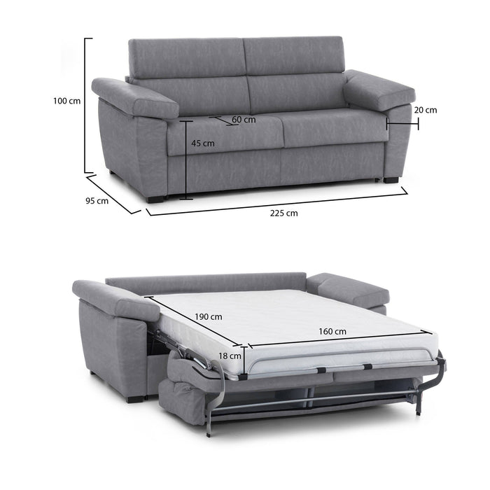 Divano letto 3 posti Paceco, Sofà trasformabile per salotto, imbottito, sfoderabile, Qualità 100% Made in Italy, 225x95 h100 cm, Grigio