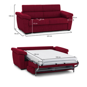 Divano letto 3 posti Paceco, Sofà trasformabile per salotto, imbottito, sfoderabile, Qualità 100% Made in Italy, 225x95 h100 cm, Rosso