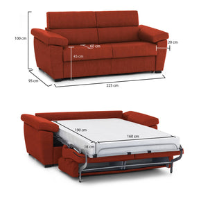 Divano letto 3 posti Paceco, Sofà trasformabile per salotto, imbottito, sfoderabile, Qualità 100% Made in Italy, 225x95 h100 cm, Arancione