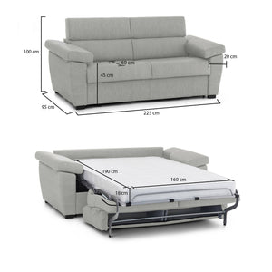 Divano letto 3 posti Paceco, Sofà trasformabile per salotto, imbottito, sfoderabile, Qualità 100% Made in Italy, 225x95 h100 cm, Grigio chiaro