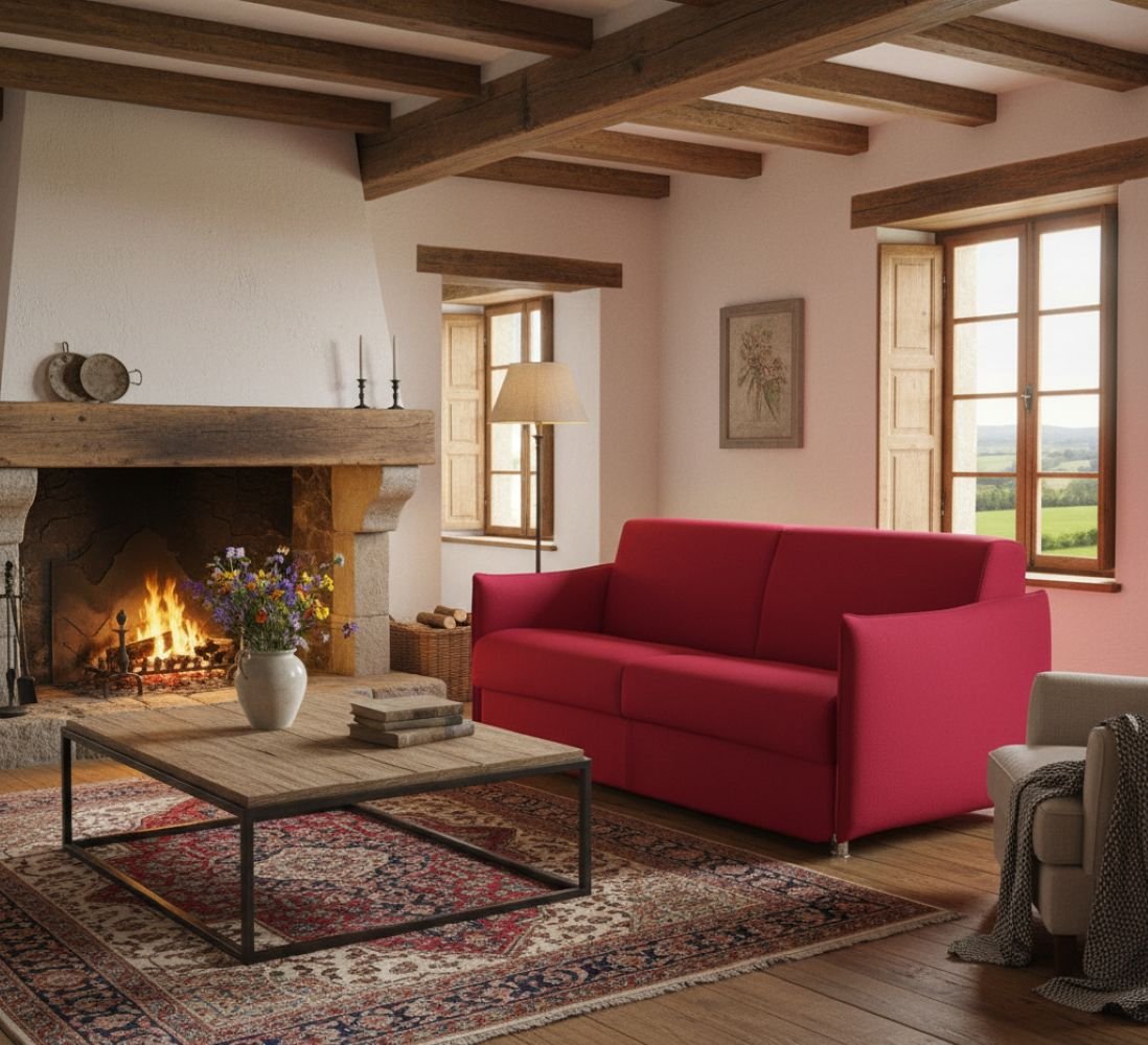 Divano letto 3 posti Cecina, Sofà trasformabile per salotto, imbottito, sfoderabile, Qualità 100% Made in Italy, 200x95 h90 cm, Rosso