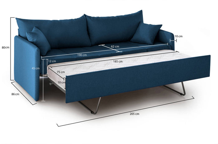 Divano letto 3 posti Avellana, Sofà trasformabile per salotto, imbottito, sfoderabile, Qualità 100% Made in Italy, 205x86 h80 cm, Blu