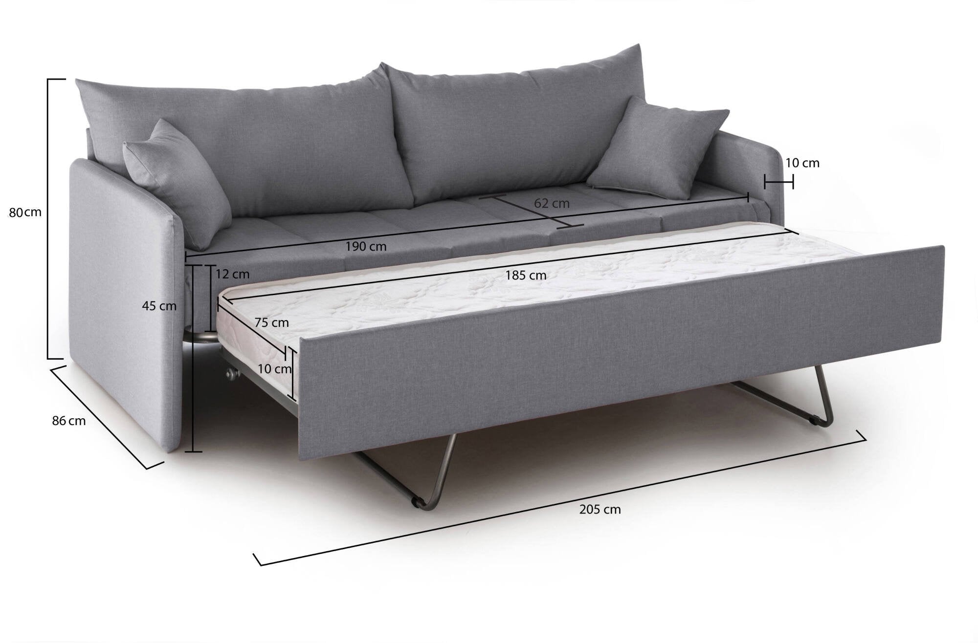 Divano letto 3 posti Avellana, Sofà trasformabile per salotto, imbottito, sfoderabile, Qualità 100% Made in Italy, 205x86 h80 cm, Grigio