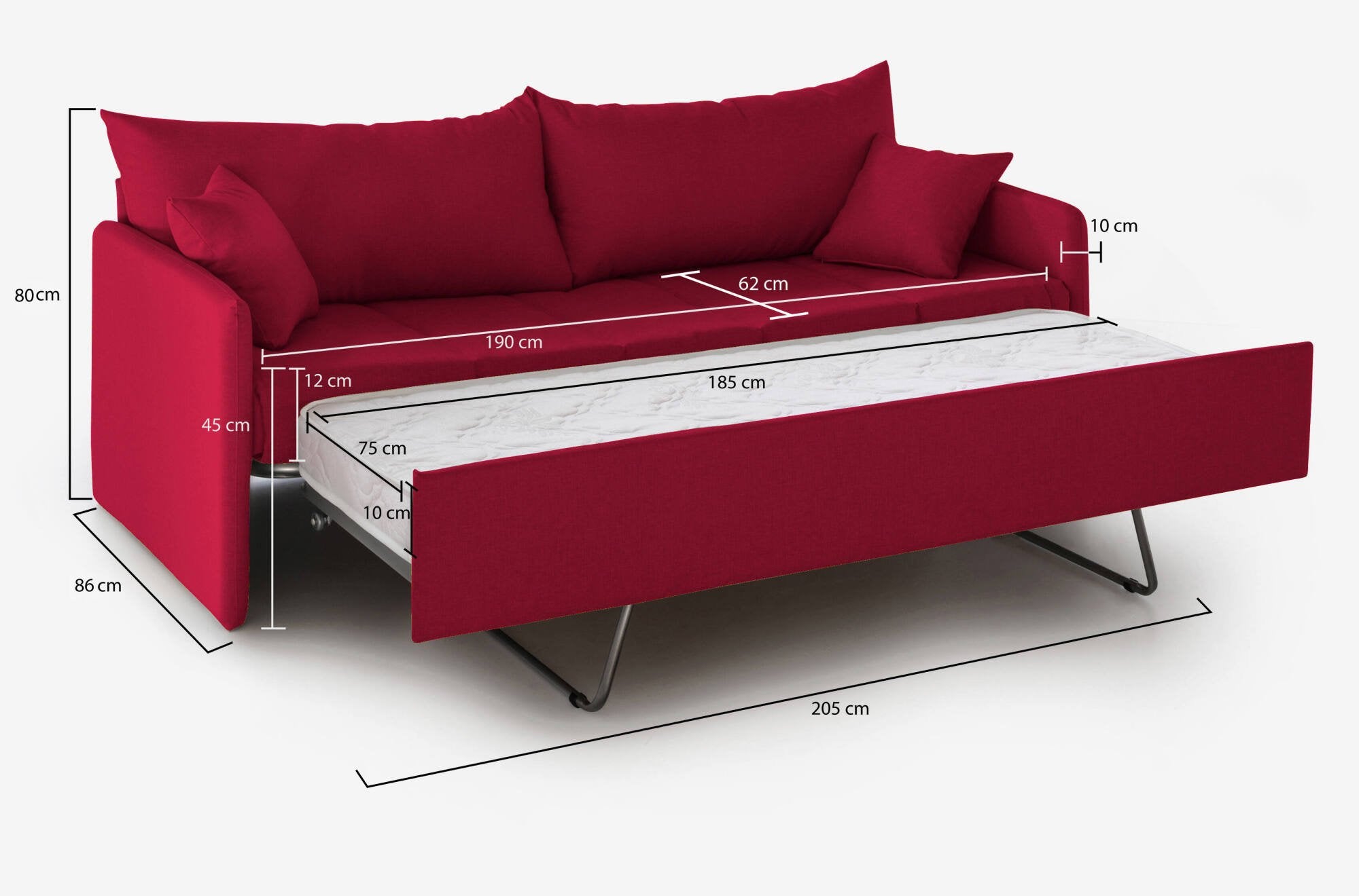 Divano letto 3 posti Avellana, Sofà trasformabile per salotto, imbottito, sfoderabile, Qualità 100% Made in Italy, 205x86 h80 cm, Rosso
