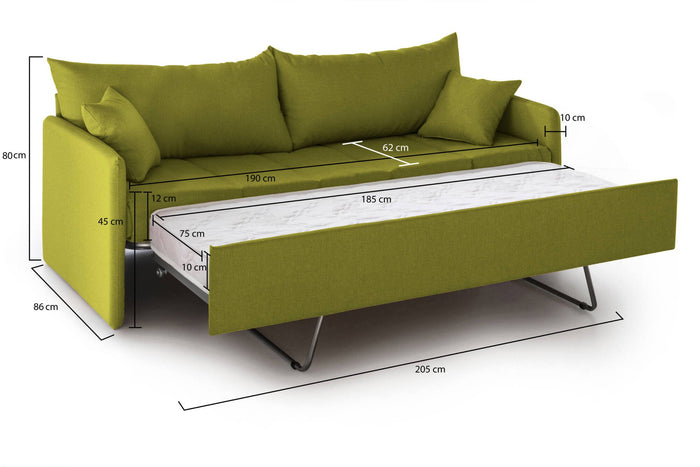 Divano letto 3 posti Avellana, Sofà trasformabile per salotto, imbottito, sfoderabile, Qualità 100% Made in Italy, 205x86 h80 cm, Verde