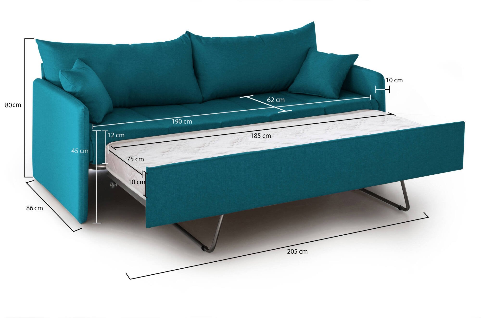 Divano letto 3 posti Avellana, Sofà trasformabile per salotto, imbottito, sfoderabile, Qualità 100% Made in Italy, 205x86 h80 cm, Azzurro