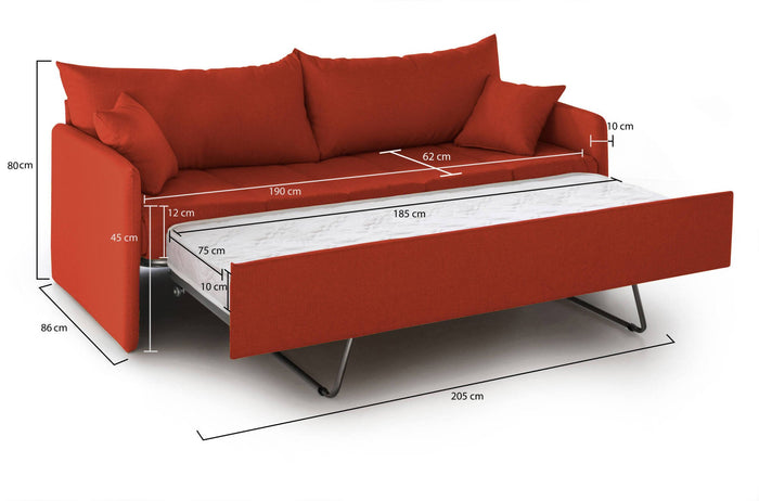 Divano letto 3 posti Avellana, Sofà trasformabile per salotto, imbottito, sfoderabile, Qualità 100% Made in Italy, 205x86 h80 cm, Arancione