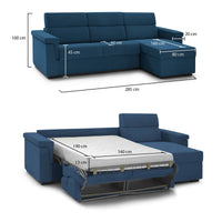 Divano letto con penisola Esca, Sofà angolare trasformabile per salotto, imbottito, sfoderabile, Qualità 100% Made in Italy, 285x160 h100 cm, Blu