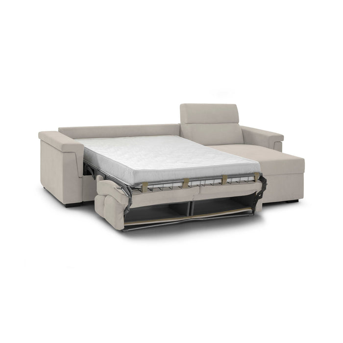 Divano letto con penisola Esca, Sofà angolare trasformabile per salotto, imbottito, sfoderabile, 100% Made in Italy, 285x160 h100 cm, Beige