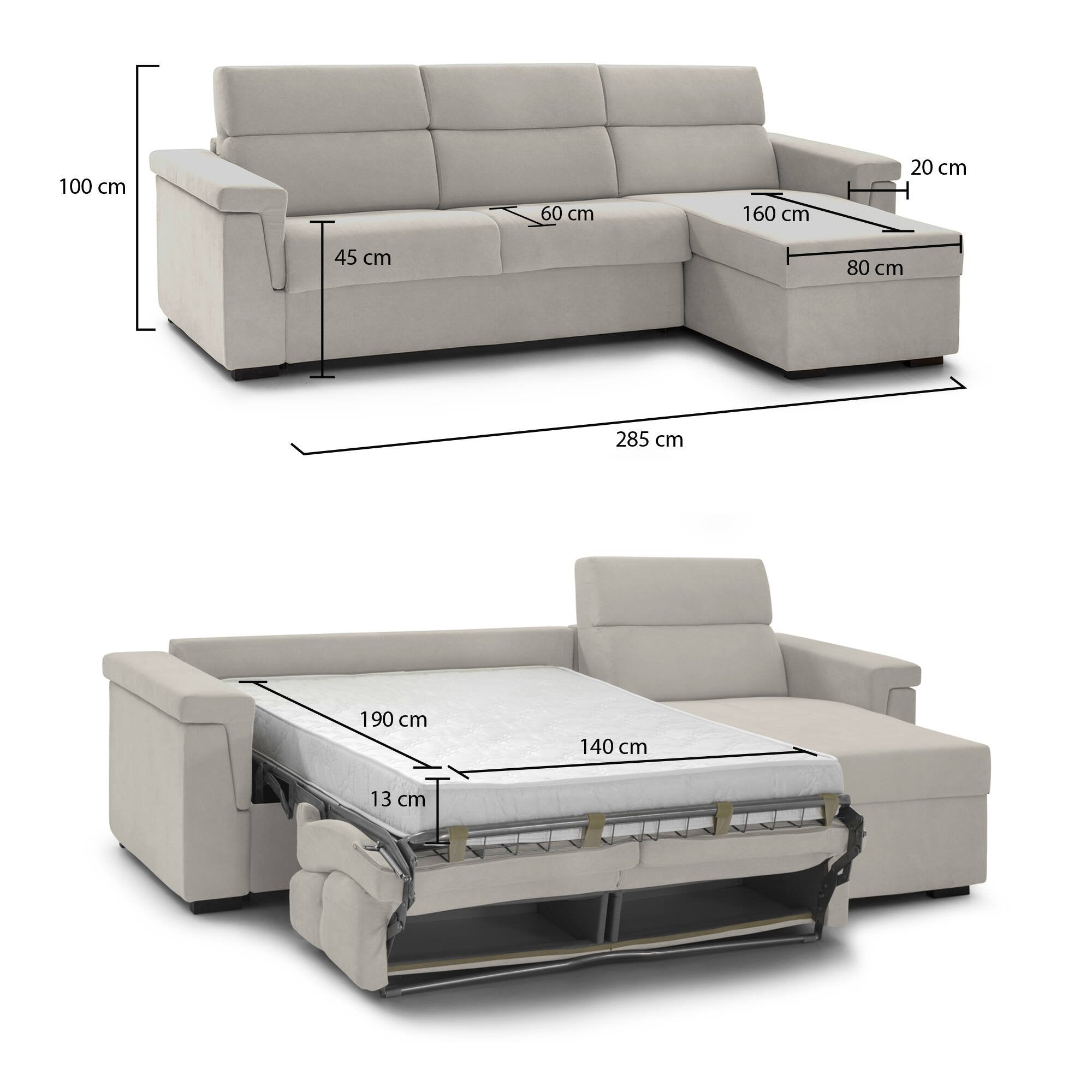 Divano letto con penisola Esca, Sofà angolare trasformabile per salotto, imbottito, sfoderabile, 100% Made in Italy, 285x160 h100 cm, Beige