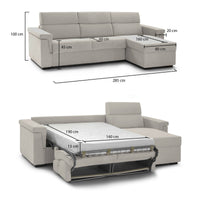 Divano letto con penisola Esca, Sofà angolare trasformabile per salotto, imbottito, sfoderabile, 100% Made in Italy, 285x160 h100 cm, Beige