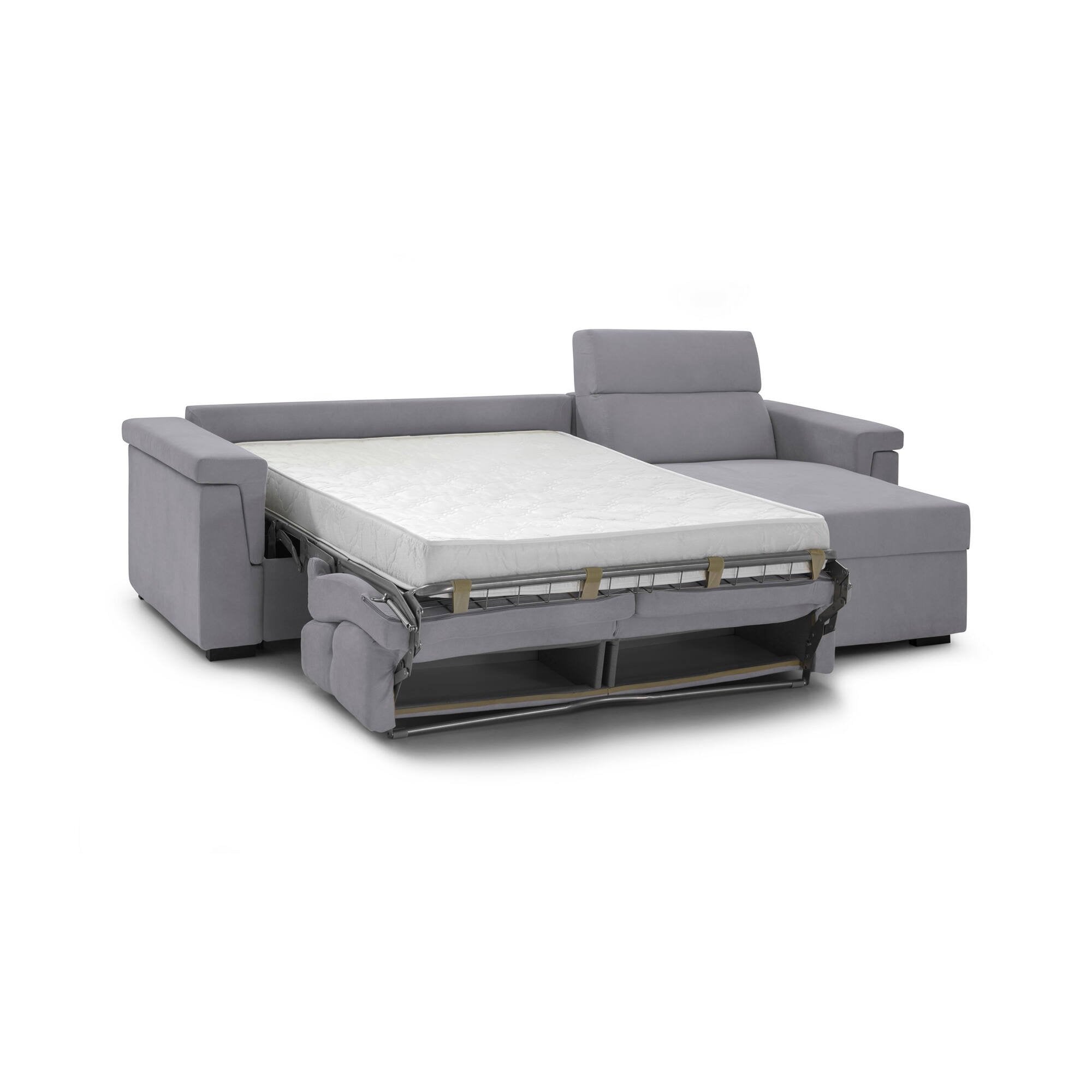 Divano letto con penisola Esca, Sofà angolare trasformabile per salotto, imbottito, sfoderabile, 100% Made in Italy, 285x160 h100 cm, Grigio