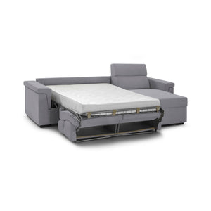 Divano letto con penisola Esca, Sofà angolare trasformabile per salotto, imbottito, sfoderabile, 100% Made in Italy, 285x160 h100 cm, Grigio