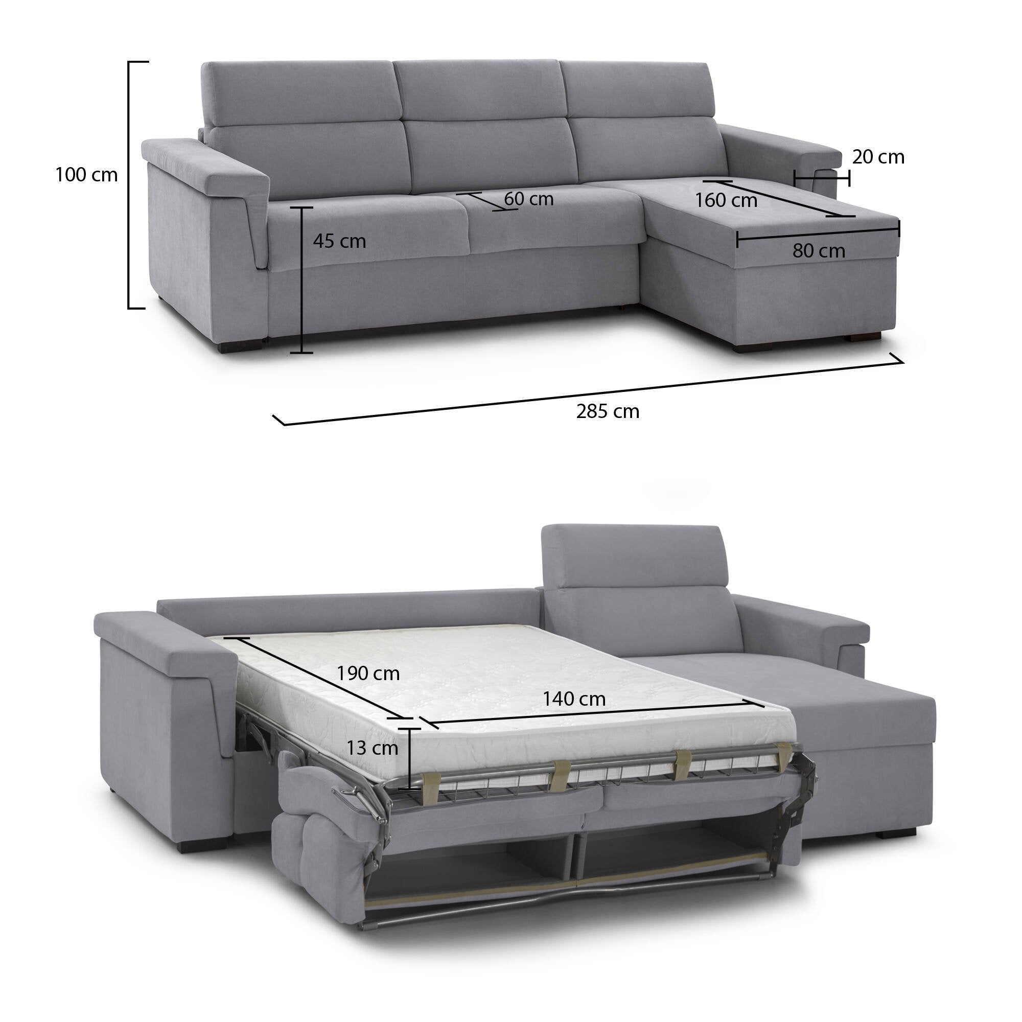 Divano letto con penisola Esca, Sofà angolare trasformabile per salotto, imbottito, sfoderabile, 100% Made in Italy, 285x160 h100 cm, Grigio