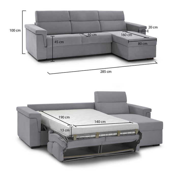 Divano letto con penisola Esca, Sofà angolare trasformabile per salotto, imbottito, sfoderabile, 100% Made in Italy, 285x160 h100 cm, Grigio