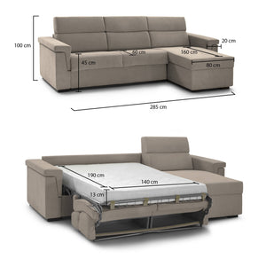 Divano letto con penisola Esca, Sofà angolare trasformabile per salotto, imbottito, sfoderabile, 100% Made in Italy, 285x160 h100 cm, Tortora