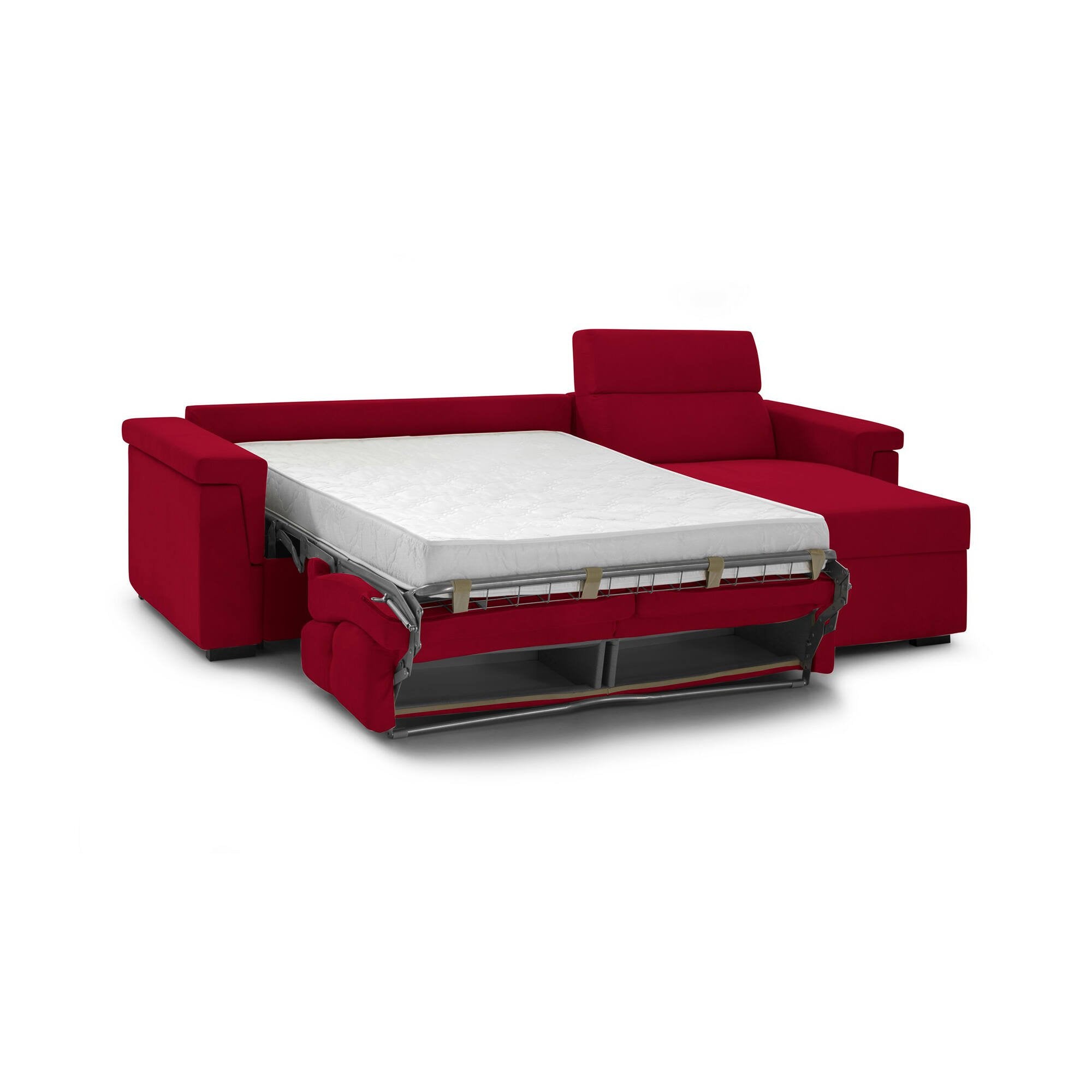 Divano letto con penisola Esca, Sofà angolare trasformabile per salotto, imbottito, sfoderabile, 100% Made in Italy, 285x160 h100 cm, Rosso