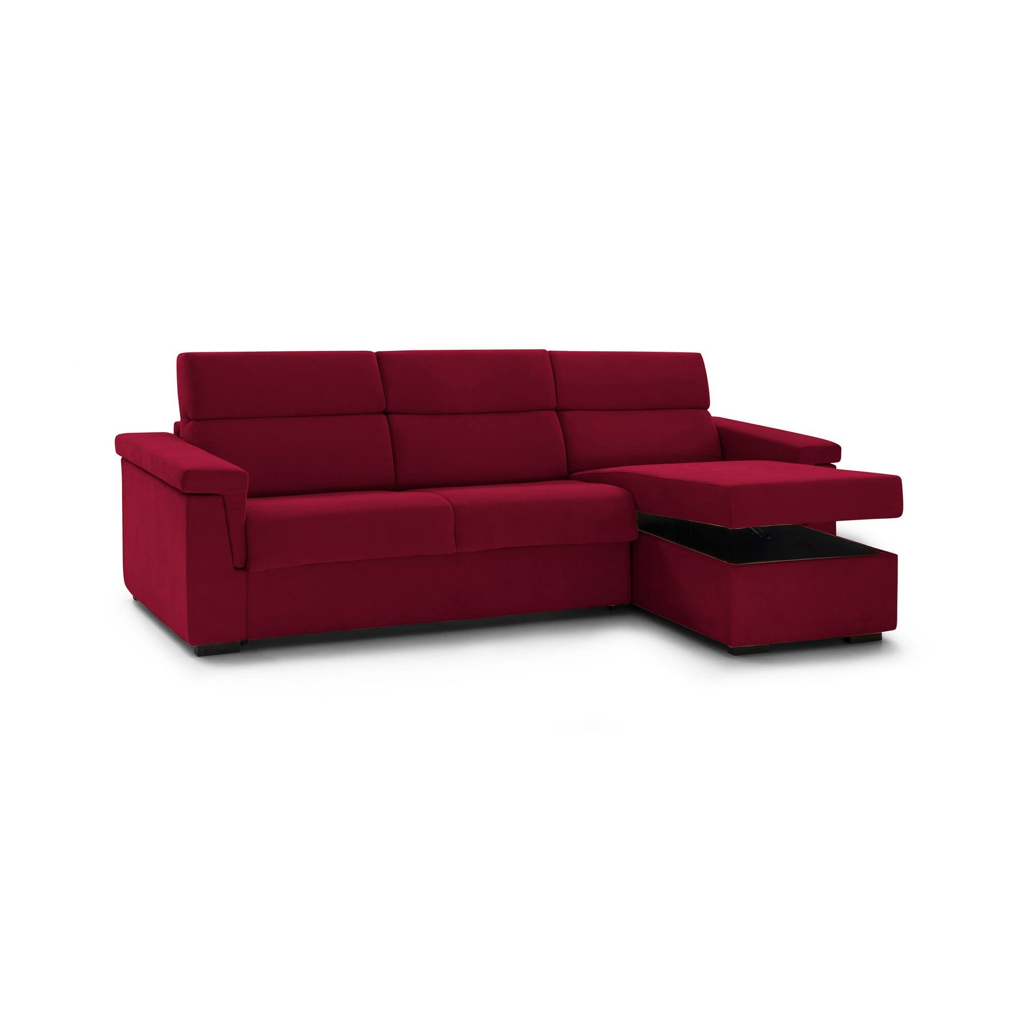 Divano letto con penisola Esca, Sofà angolare trasformabile per salotto, imbottito, sfoderabile, 100% Made in Italy, 285x160 h100 cm, Rosso