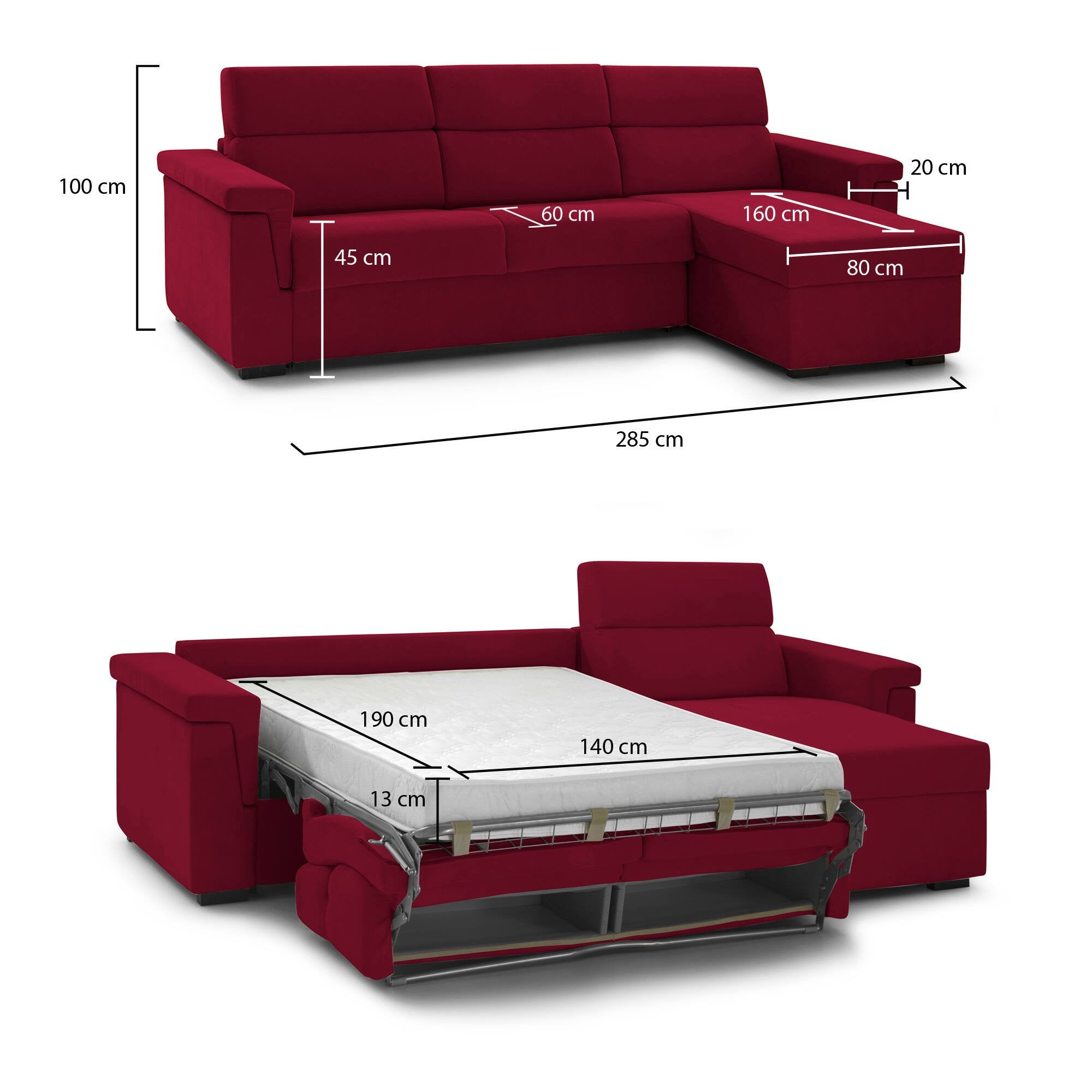 Divano letto con penisola Esca, Sofà angolare trasformabile per salotto, imbottito, sfoderabile, 100% Made in Italy, 285x160 h100 cm, Rosso