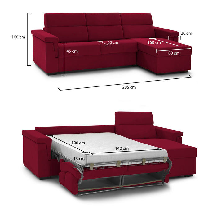 Divano letto con penisola Esca, Sofà angolare trasformabile per salotto, imbottito, sfoderabile, 100% Made in Italy, 285x160 h100 cm, Rosso