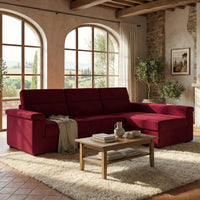 Divano letto con penisola Esca, Sofà angolare trasformabile per salotto, imbottito, sfoderabile, 100% Made in Italy, 285x160 h100 cm, Rosso