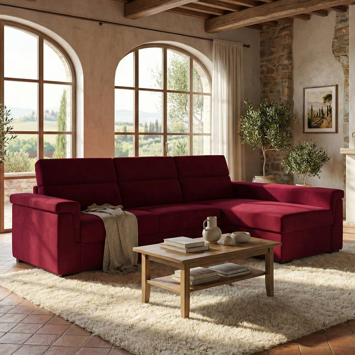 Divano letto con penisola Esca, Sofà angolare trasformabile per salotto, imbottito, sfoderabile, 100% Made in Italy, 285x160 h100 cm, Rosso